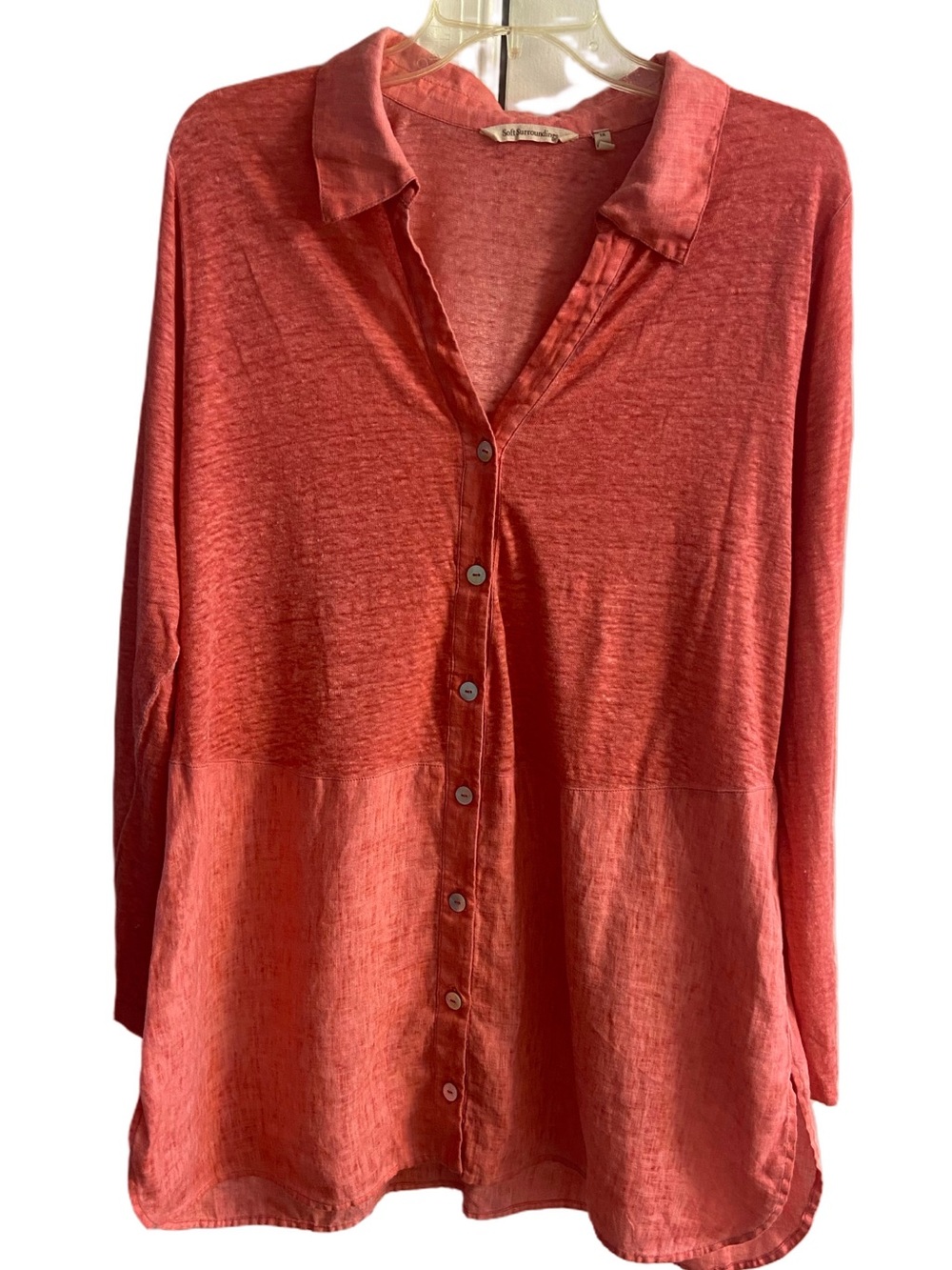 Soft Surroundings Coral Linen Button Down Long Sleeve Tunic Top 1X
